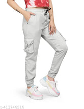 Light Grey formal straight fit cargo pants for women, comfortable flexible polycotton with 6 pockets (2 cross, 2 back, 2 cargo leg) for casual sports, travel, and weddings